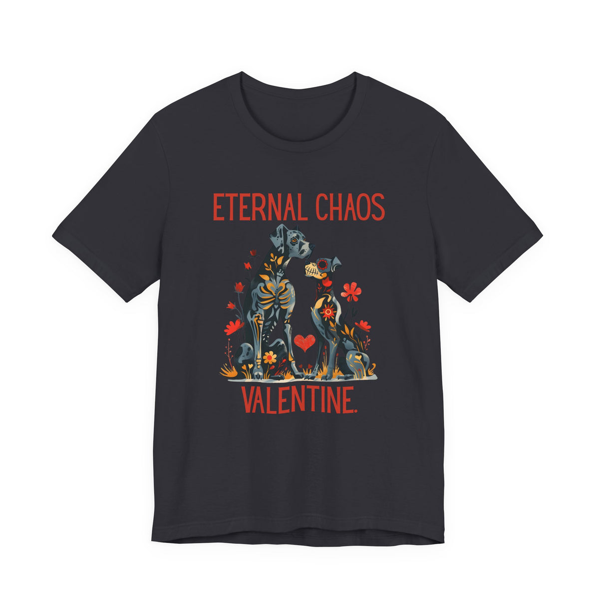 Black t-shirt featuring gothic floral dog graphic with text 'ETERNAL CHAOS VALENTINE.'