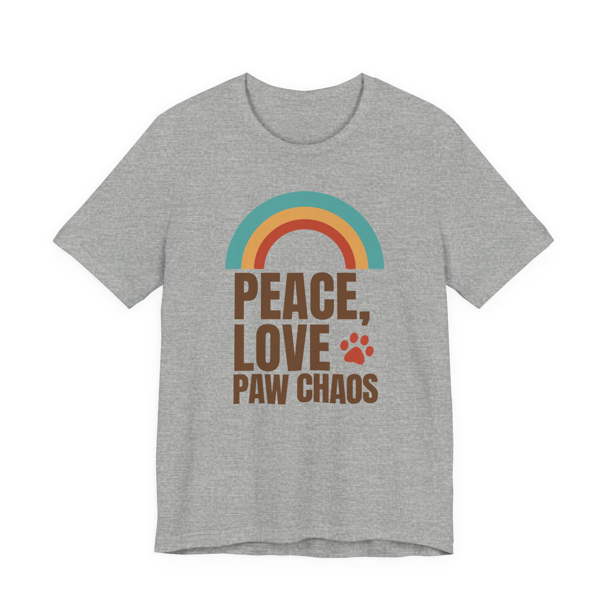 Gray t-shirt featuring a retro rainbow and the text 'PEACE, LOVE, PAW CHAOS' with a paw print.