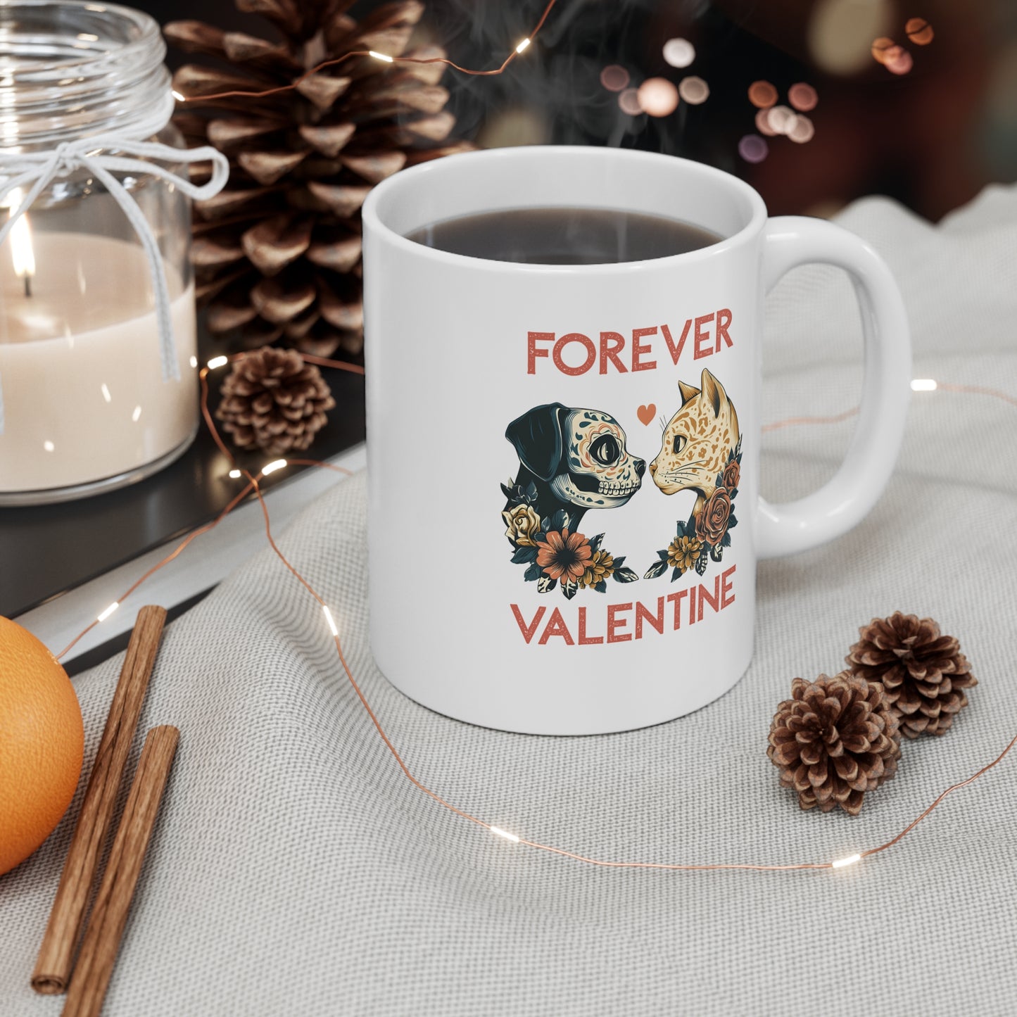 Forever Valentine Mug, Dog Skull and Cat Romantic 11oz