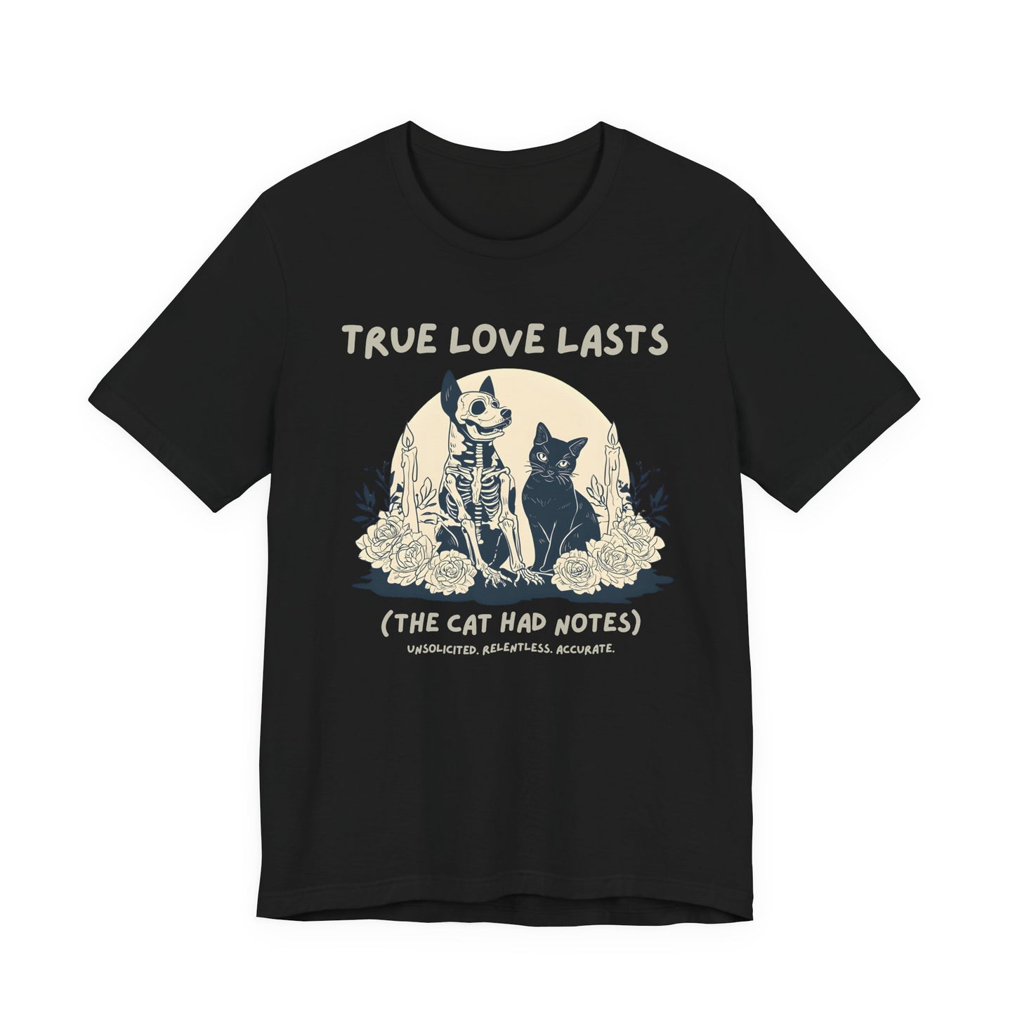 True Love Lasts T-Shirt — Dark Romance Skeleton & Cat Graphic Tee