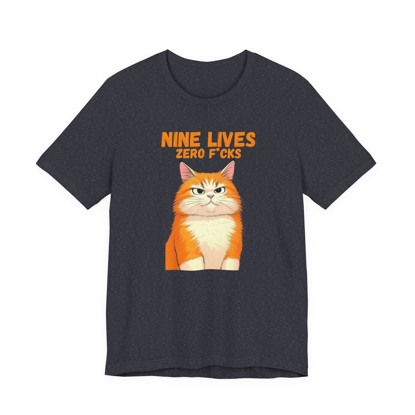 t-shirt with a cartoon cat and text 'Nine Lives Zero F*cks' on a white background