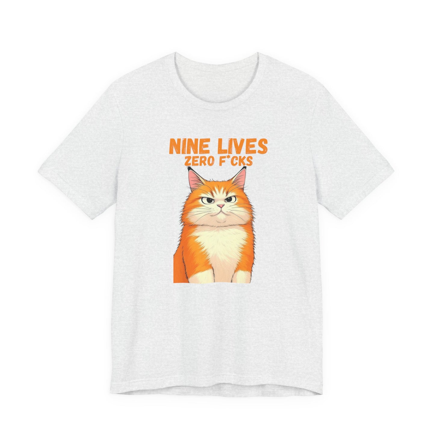White t-shirt with a graphic of a cat and text 'Nine Lives Zero F*cks' on a white background