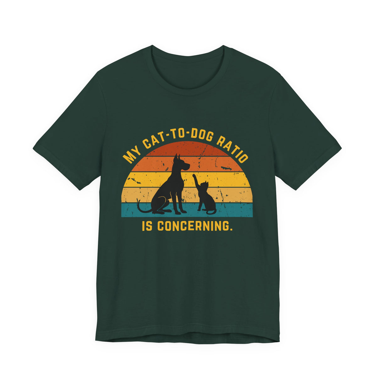 Green t-shirt showcasing a retro design with a dog and cat silhouette and the text 'My Cat-to-Dog Ratio Is Concerning.'