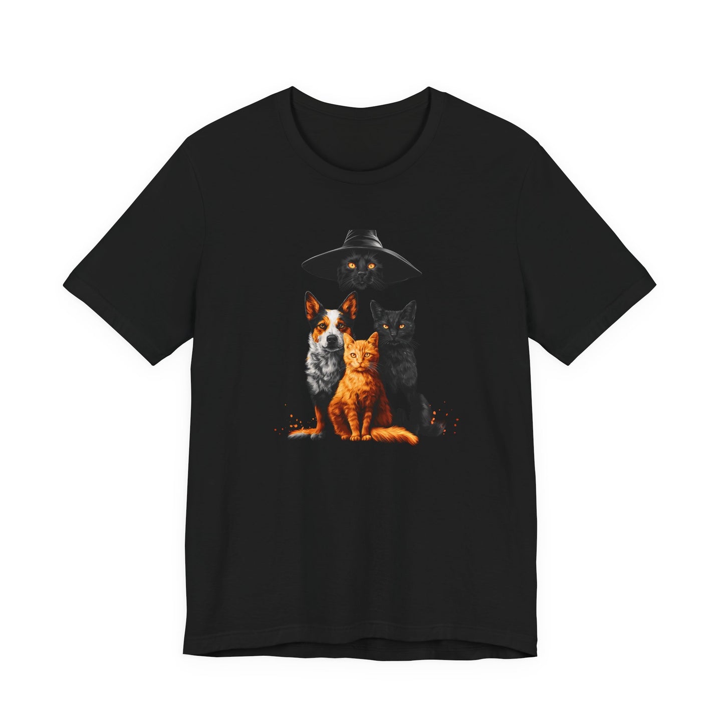 A black short-sleeve crewneck t-shirt print of an orange cat leading the charge, a black cat keeping watch under a wide-brimmed hat, and a loyal dog standing guard 