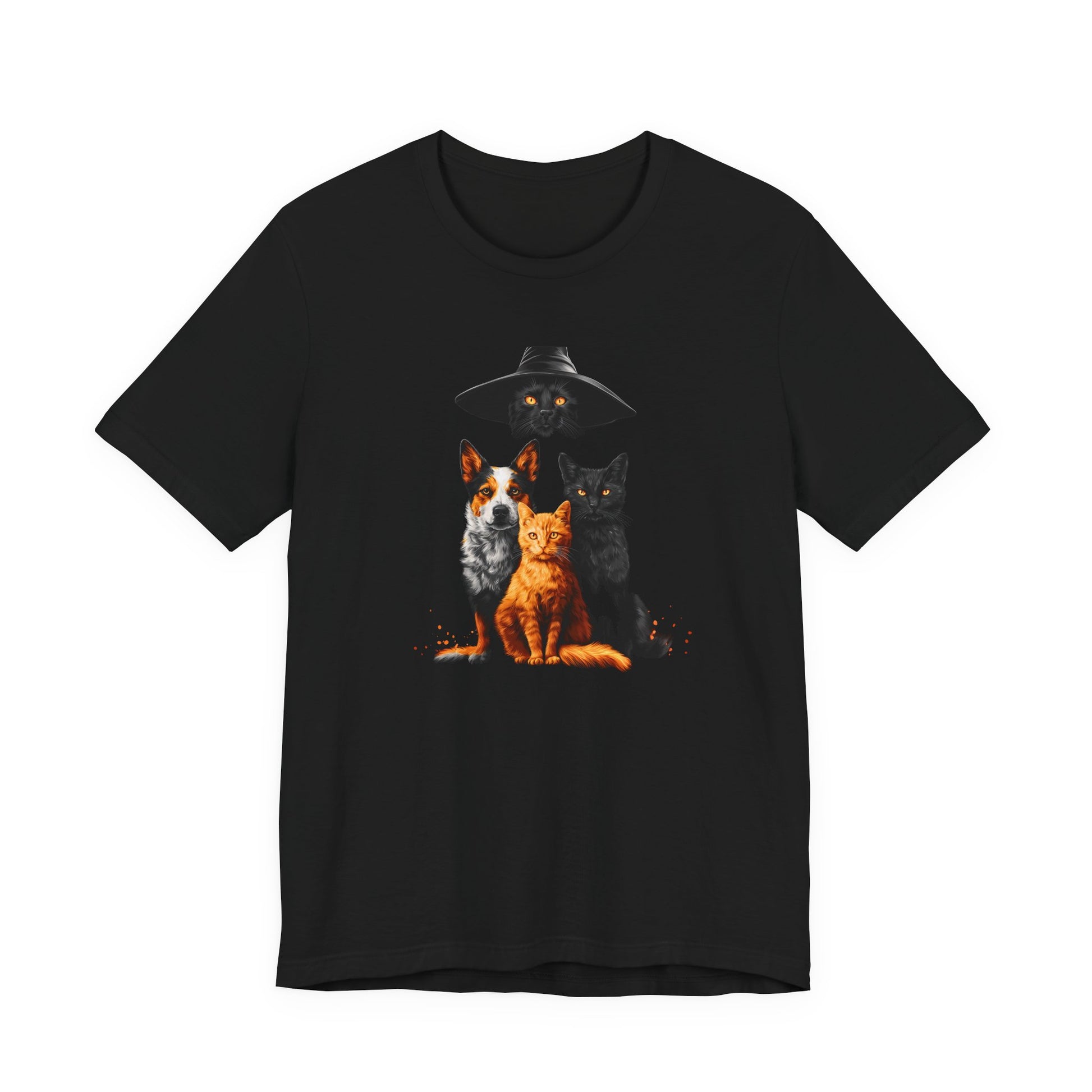 A black short-sleeve crewneck t-shirt print of an orange cat leading the charge, a black cat keeping watch under a wide-brimmed hat, and a loyal dog standing guard 