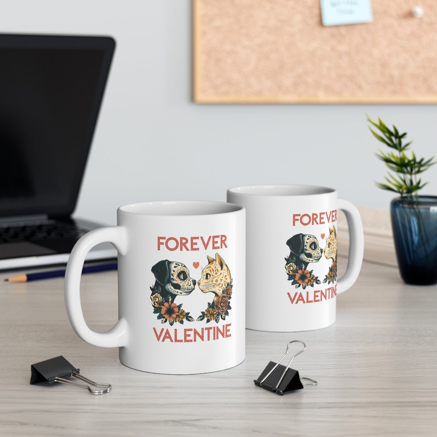 Forever Valentine Mug, Dog Skull and Cat Romantic 11oz