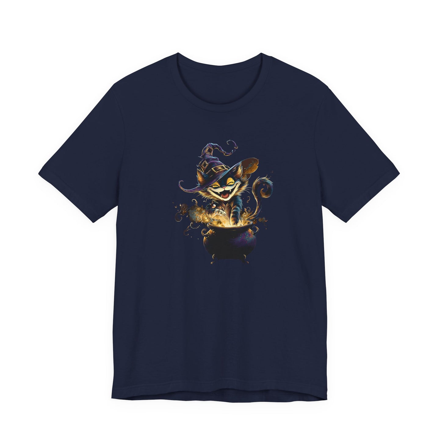 A navy blue short-sleeve crewneck t-shirt featuring a graphic print of a mischievous cat in a witch hat bubbling potion in a cauldron.
