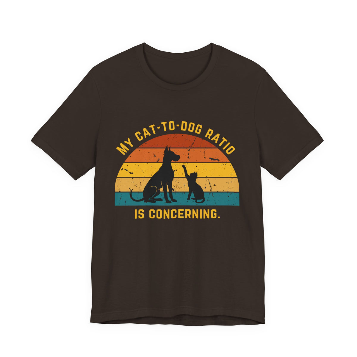 Brown t-shirt featuring a retro design with a dog and cat silhouette and the text 'My Cat-to-Dog Ratio Is Concerning.'