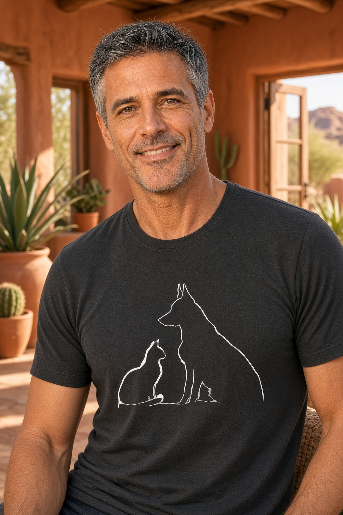 Man wearing a black t-shirt featuring a minimalist silhouette of a dog and cat.