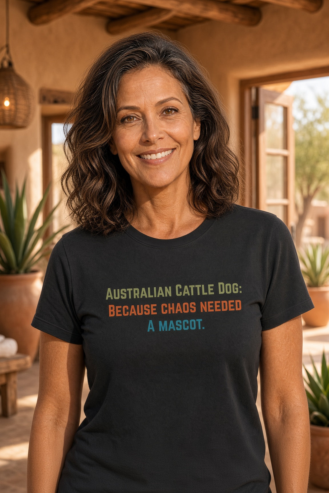 Woman smiling while wearing a black t-shirt with colorful text about Australian Cattle Dogs.