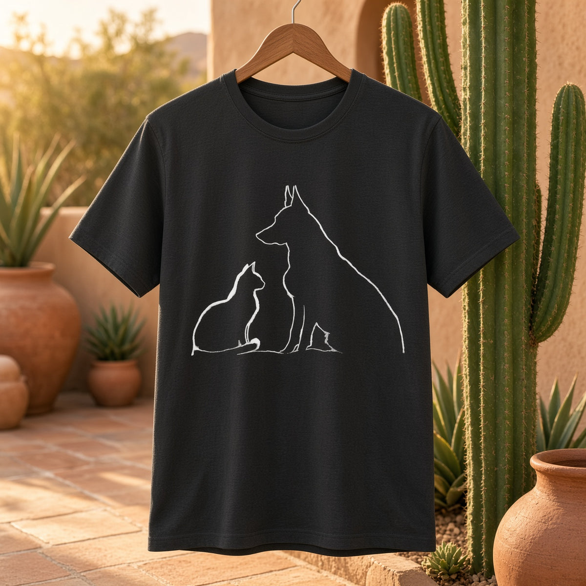 Black t-shirt hanging with a silhouette of a dog and cat, surrounded by cacti.