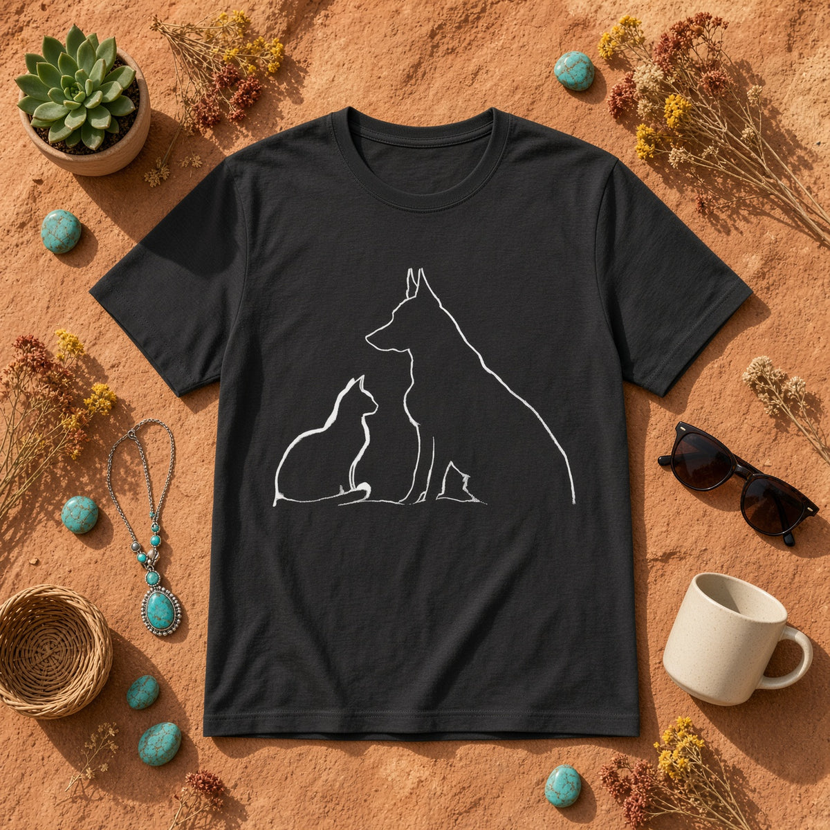 Black t-shirt with a minimalist silhouette of a dog and cat on a textured background.