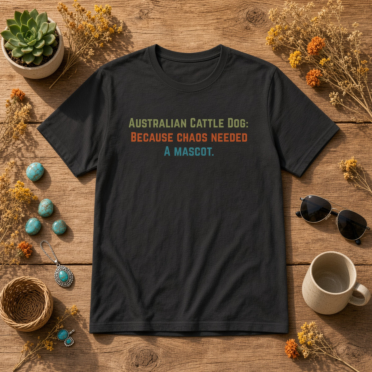 Black t-shirt displayed on a wooden surface with text: Australian Cattle Dog: Because chaos needed a mascot.