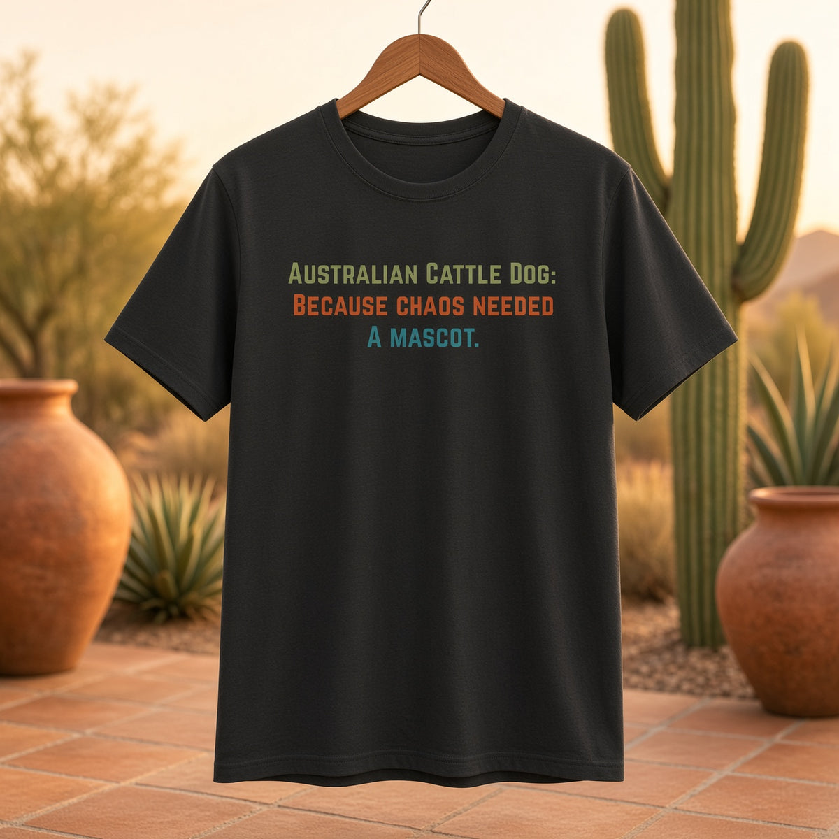 Black t-shirt hanging with text: Australian Cattle Dog: Because chaos needed a mascot.