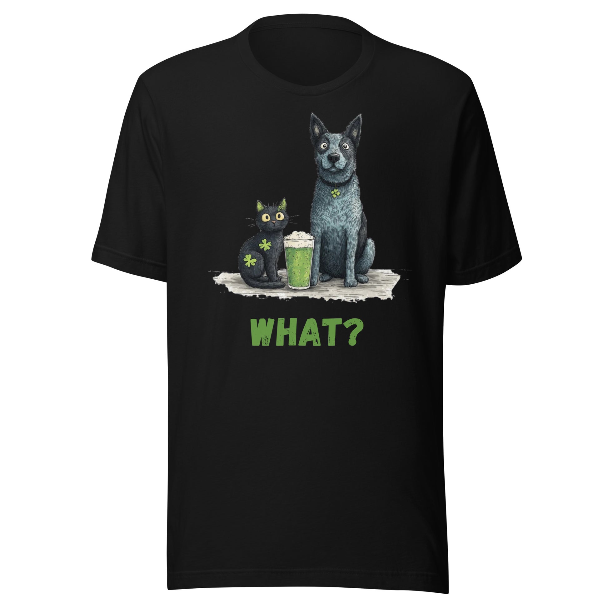 “Australian Cattle Dog and black cat St Patrick’s Day shirt with green beer and shamrocks ‘WHAT?’”