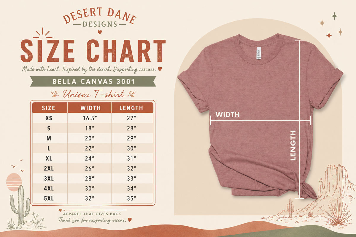 Size chart for Bella Canvas 3001 Unisex T-shirt with dimensions listed.