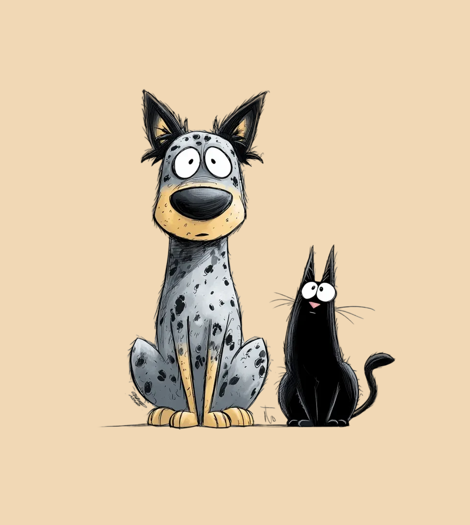 Cartoon dog and cat sitting next to each other on a white background