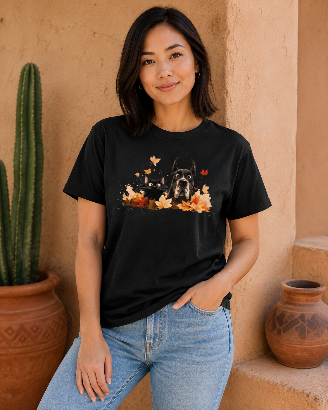 A woman wearing a black graphic t-shirt with a Great Dane and black cat in autumn leaves design, paired with light blue jeans, posing in front of a warm beige stucco wall with potted cacti.