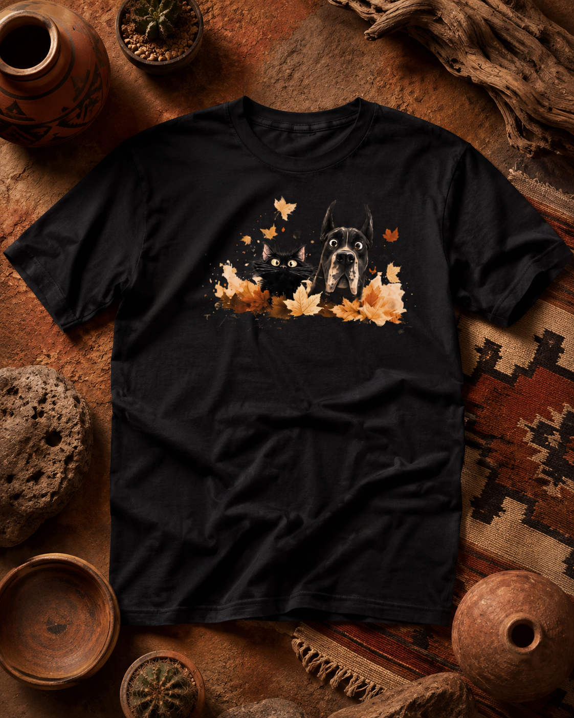A black short-sleeve graphic t-shirt laid flat on a rustic brown background with dried leaves, pottery, and a patterned textile. The front of the shirt features a printed design of a black cat and a Great Dane surrounded by orange and yellow autumn leaves.