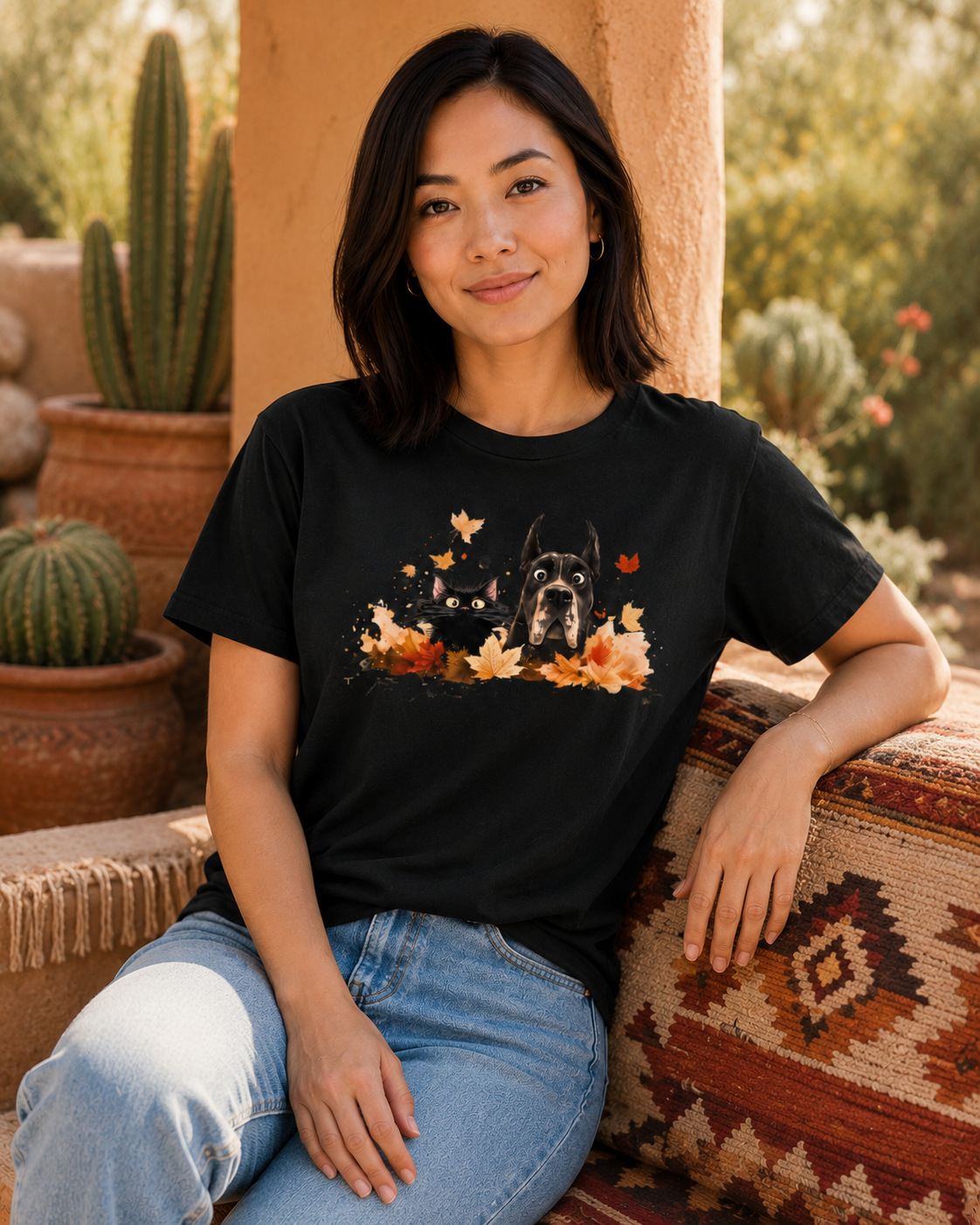 A woman wearing a black graphic t-shirt with a Great Dane, black cat and autumn leaves design, sitting on a patterned bench in a desert patio setting.