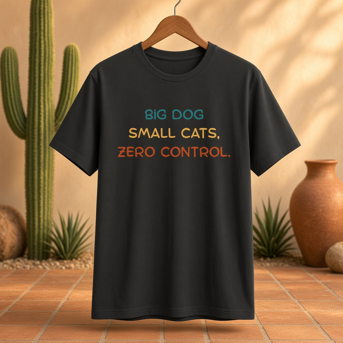 Black t-shirt hanging with the text: 'BIG DOG SMALL CATS, ZERO CONTROL.' in colorful letters.
