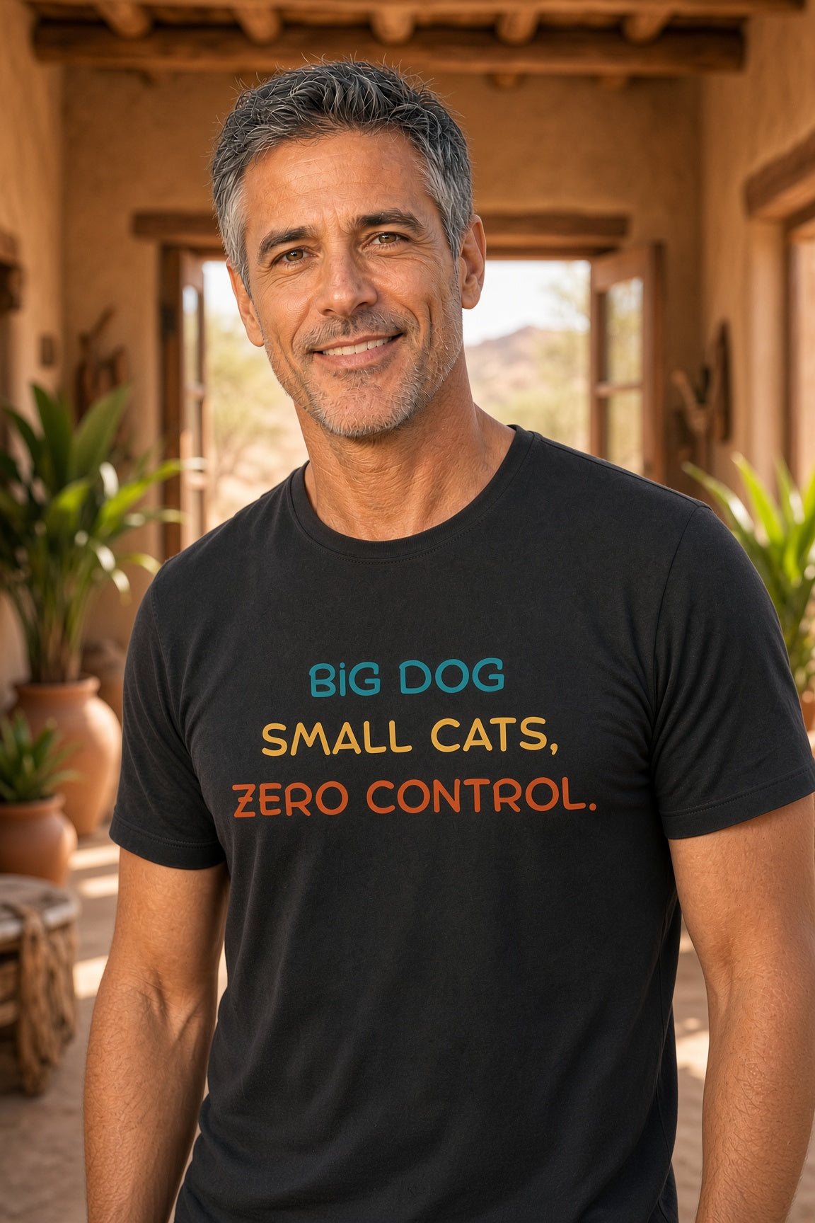 Man wearing a black t-shirt with colorful text: 'BIG DOG SMALL CATS, ZERO CONTROL.'