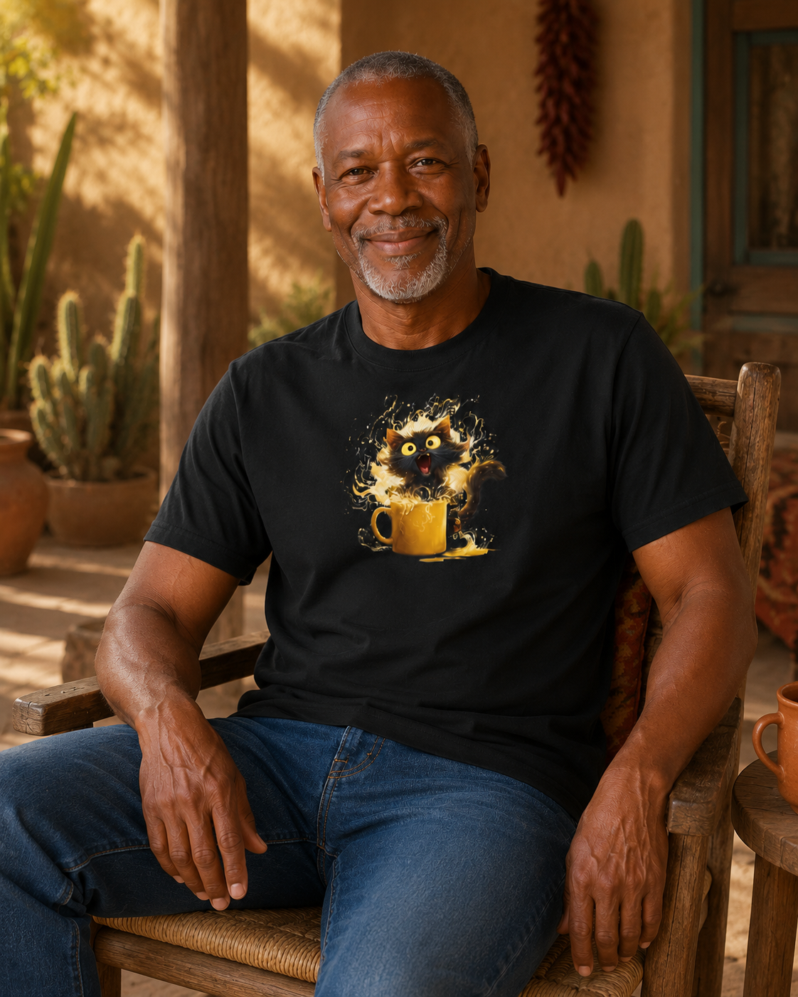 A smiling older man sits in a wooden chair wearing a black graphic T-shirt with a yellow mug and cat illustration, blue jeans, and a warm rustic porch background.