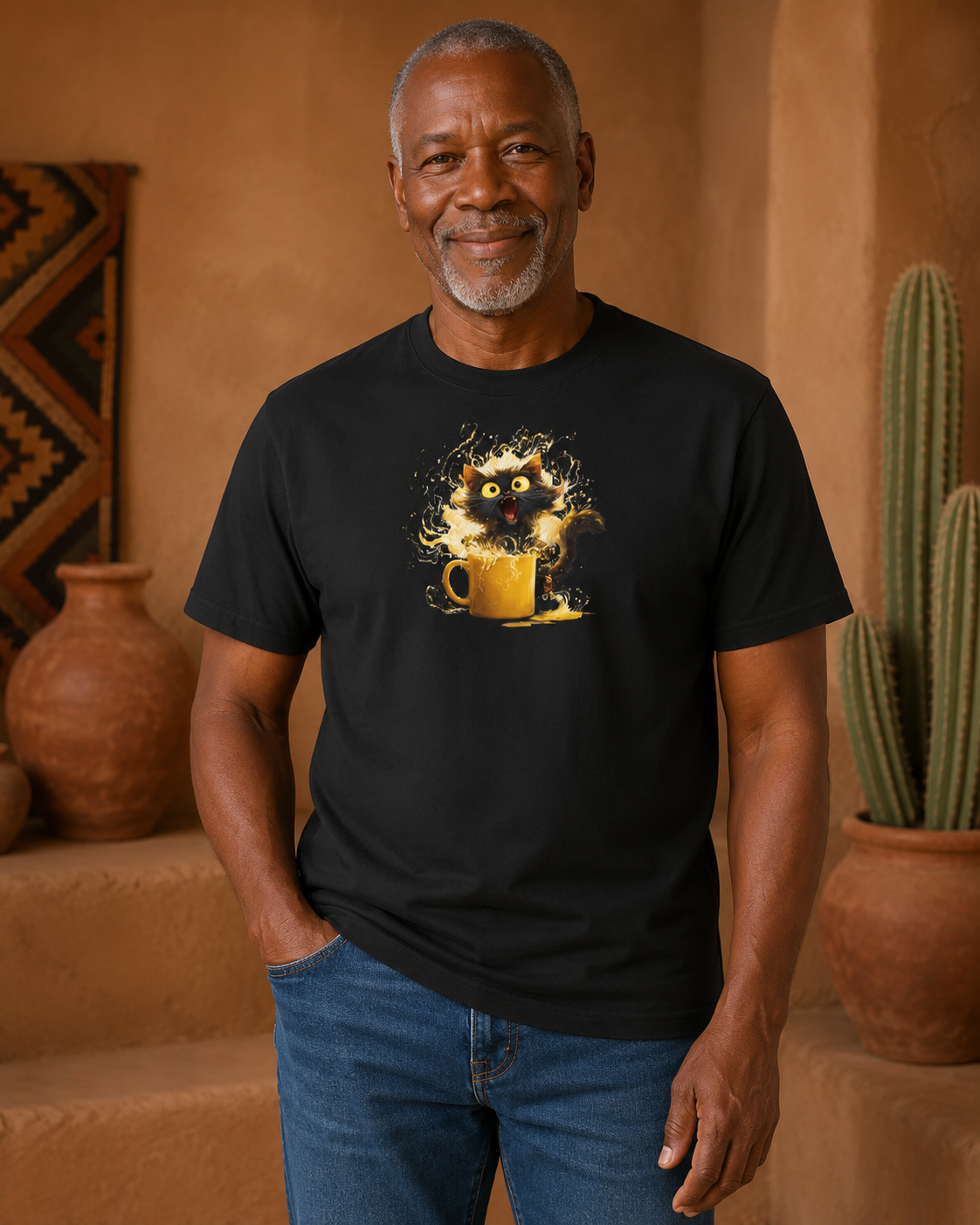 A smiling older man wearing a black short-sleeve t-shirt with a graphic of a black kitten bursting from a yellow mug with orange and white splashes.