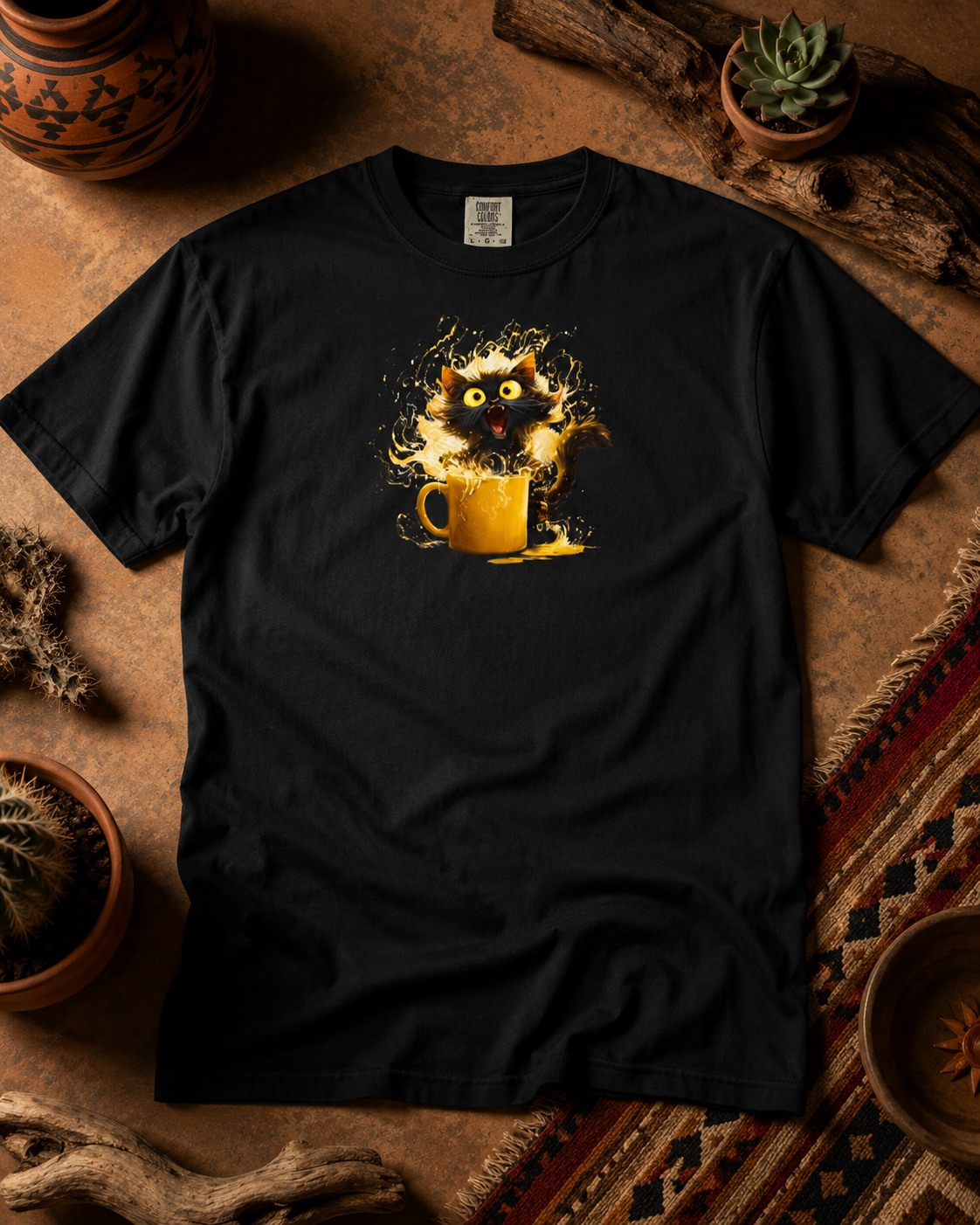 A black short-sleeve t-shirt laid flat on a rustic brown surface, featuring a graphic of a black kitten bursting from a yellow mug with orange and white splashes. The shirt is styled with small potted plants, dried grass, and a patterned rug.
