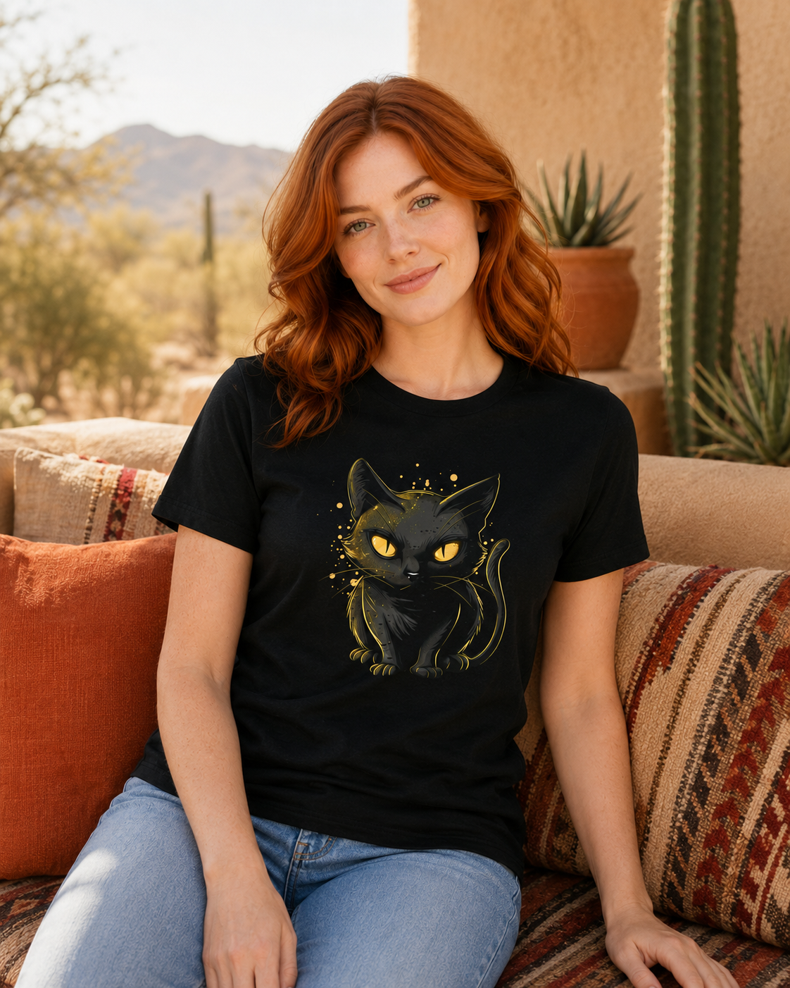 A woman with red hair sits on a patterned couch wearing a black graphic t-shirt featuring a black cat with glowing yellow eyes, set against a desert outdoor background.