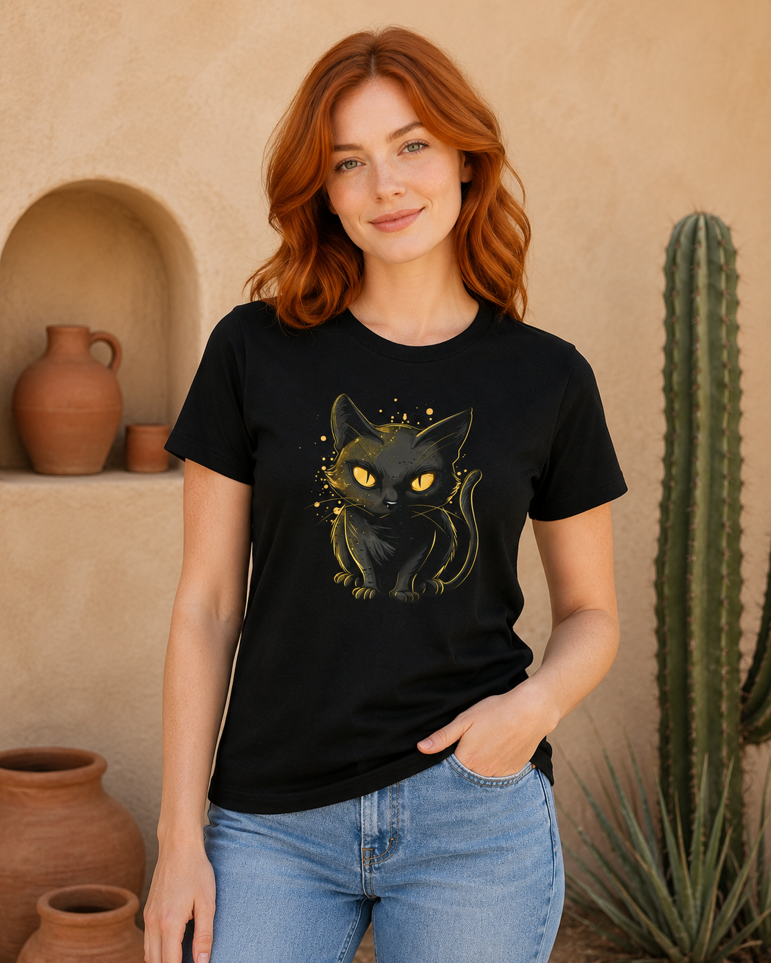 A woman with red hair wearing a black graphic t-shirt featuring a black cat with glowing yellow eyes, paired with blue jeans, set against a warm desert wall with a cactus.