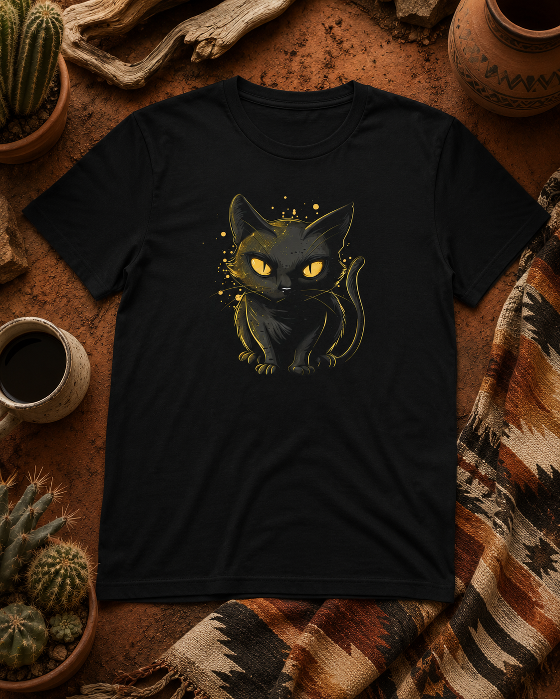 A black short-sleeve t-shirt laid flat on a rustic brown surface, featuring a graphic of a black cat with glowing yellow eyes. The shirt is styled with a patterned blanket, a mug of coffee, cacti, and driftwood.