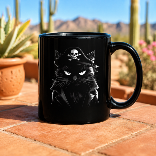 Black mug featuring a pirate cat design with a skull and crossbones on its hat.