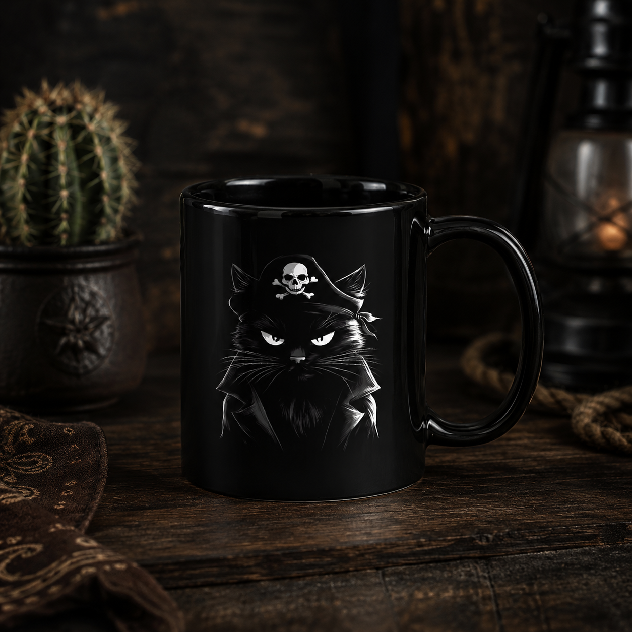 Black mug displaying a pirate cat design, surrounded by rustic decor and a cactus.