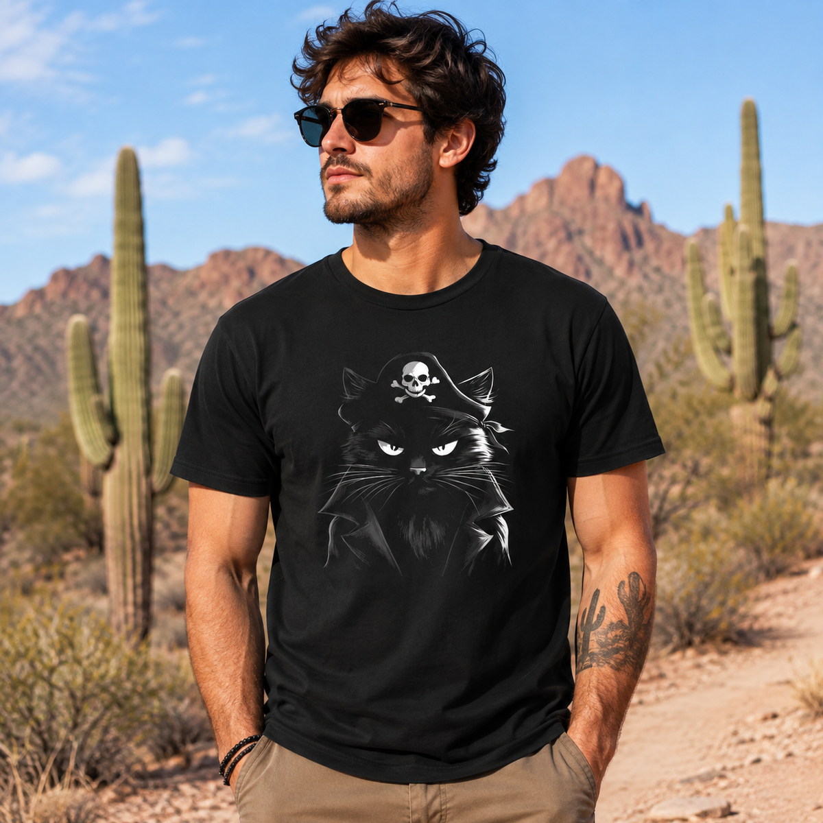 Man wearing a black pirate-themed cat graphic tee in a desert landscape.
