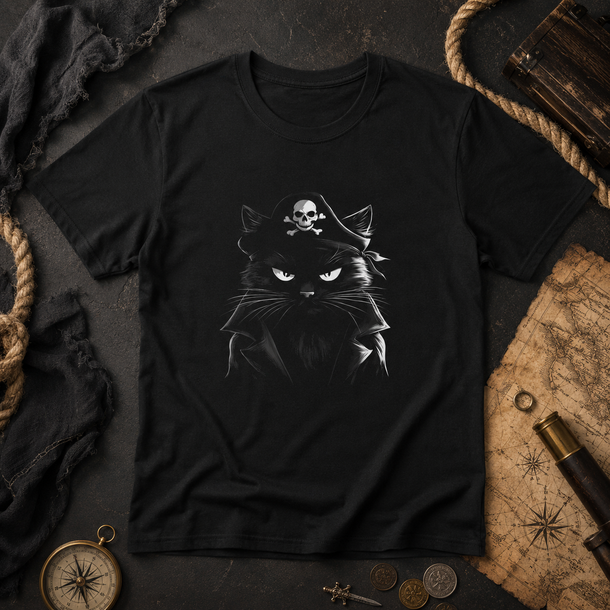 Black pirate-themed cat graphic tee displayed on a dark surface with nautical elements.