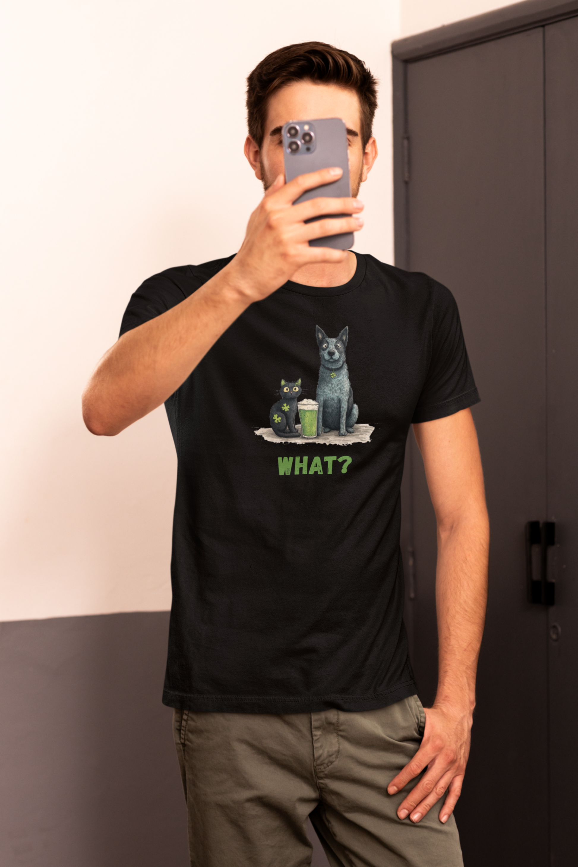 “Australian Cattle Dog and black cat St Patrick’s Day shirt with green beer and shamrocks ‘WHAT?’”