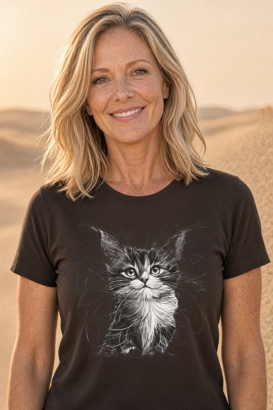 Woman smiling while wearing a black tee with a kitten sketch design.