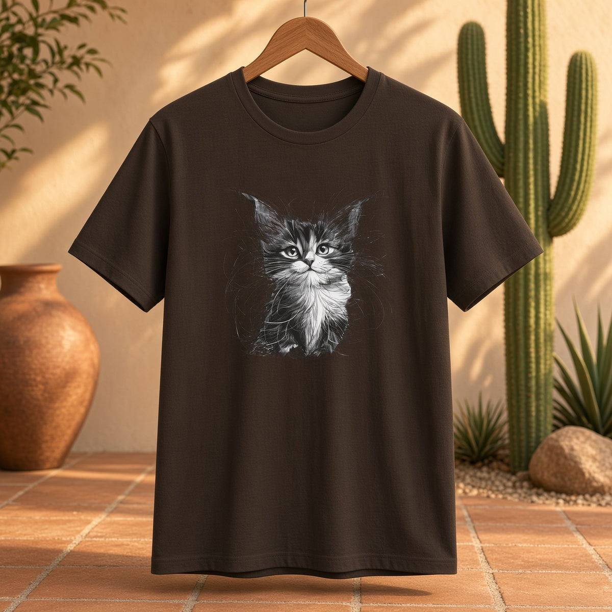 Black kitten sketch tee hanging on a wooden hanger near cacti.