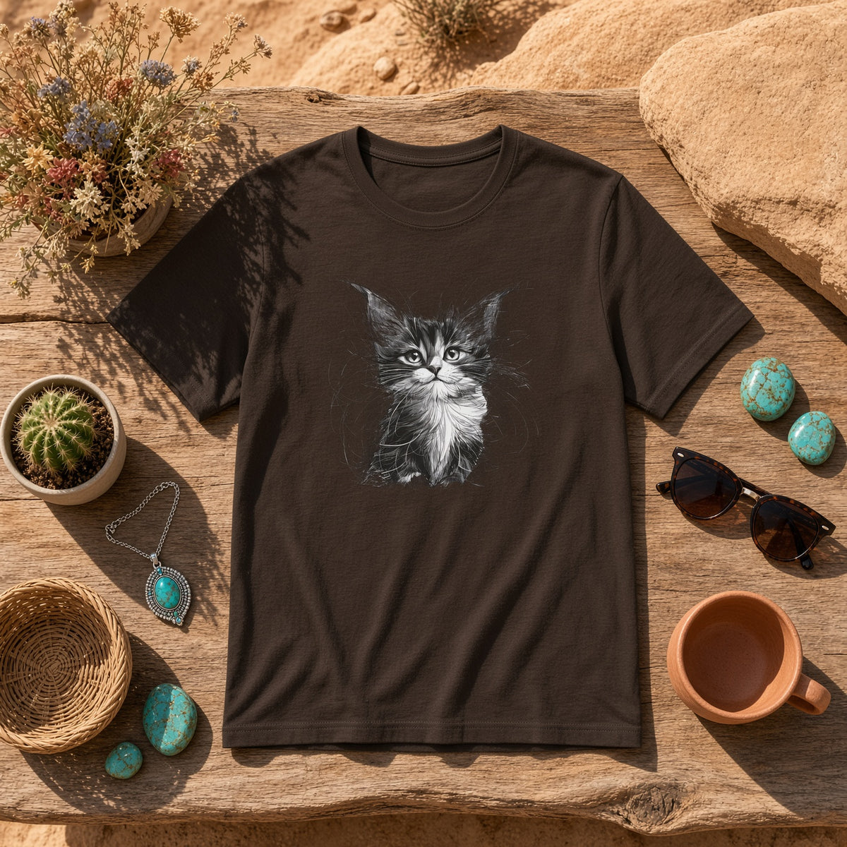 Black kitten sketch tee displayed on a wooden table with decorative items.