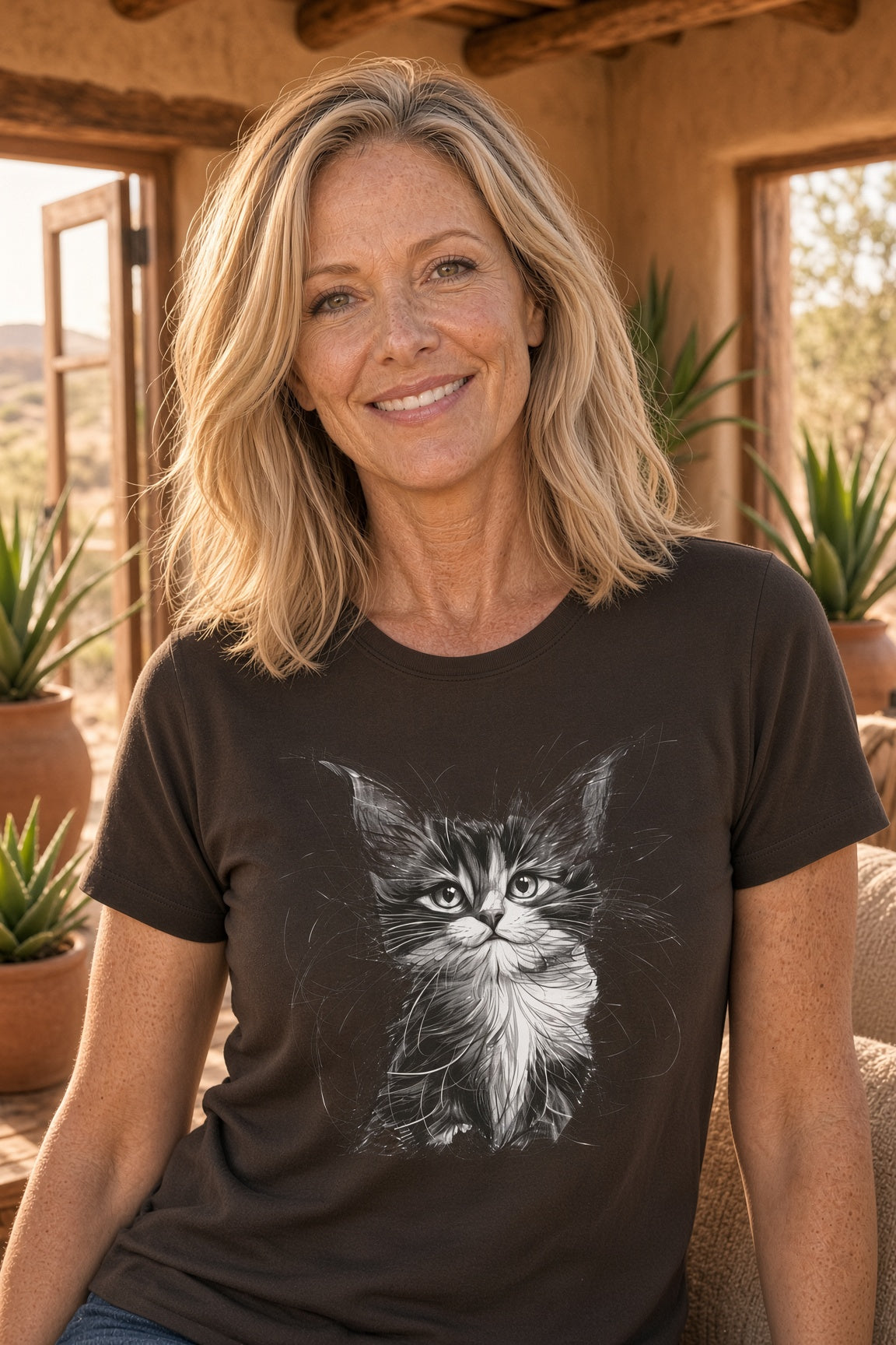 Woman smiling while wearing a black t-shirt featuring a kitten sketch design.