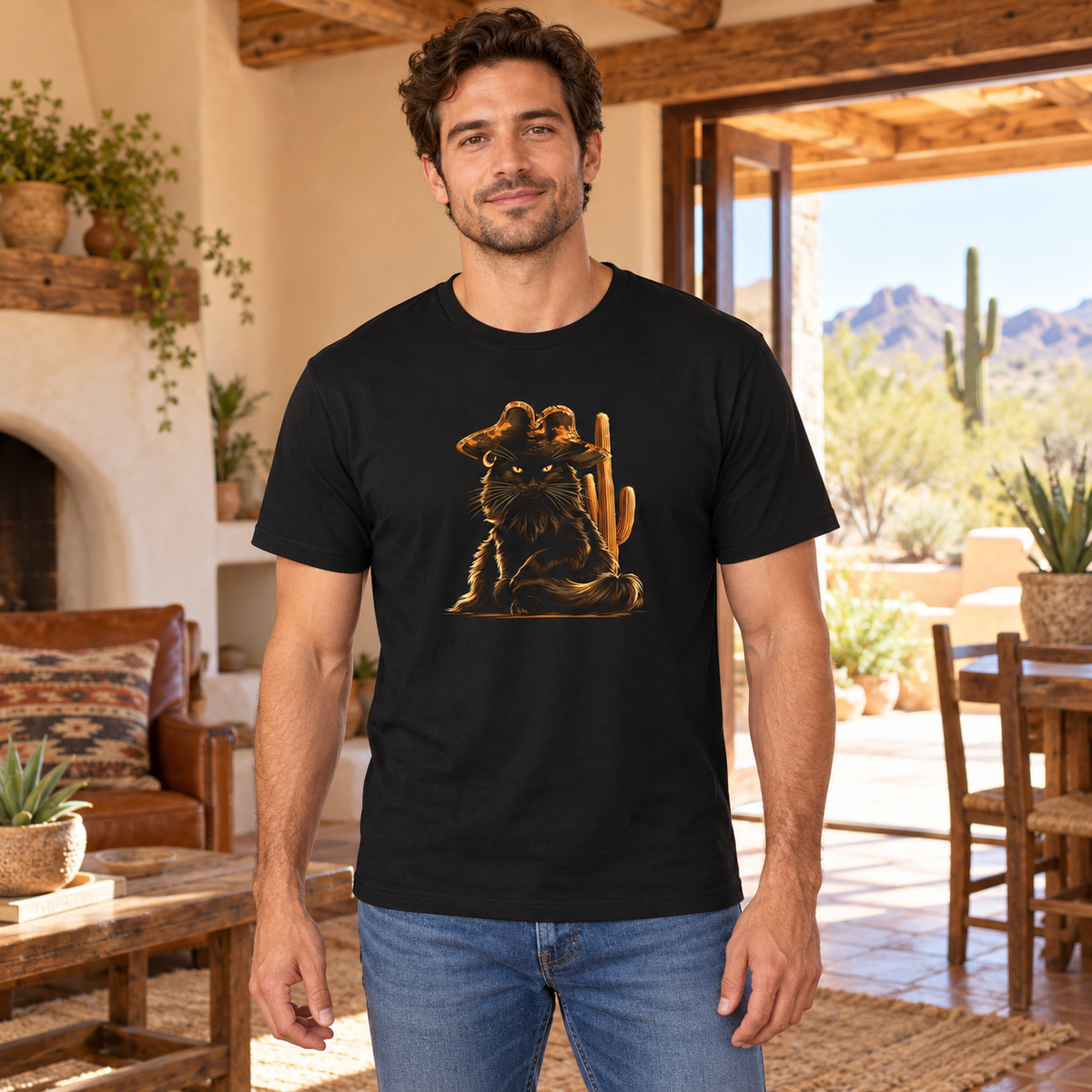 Model wearing a black t-shirt featuring a pirate cat design in a desert setting.