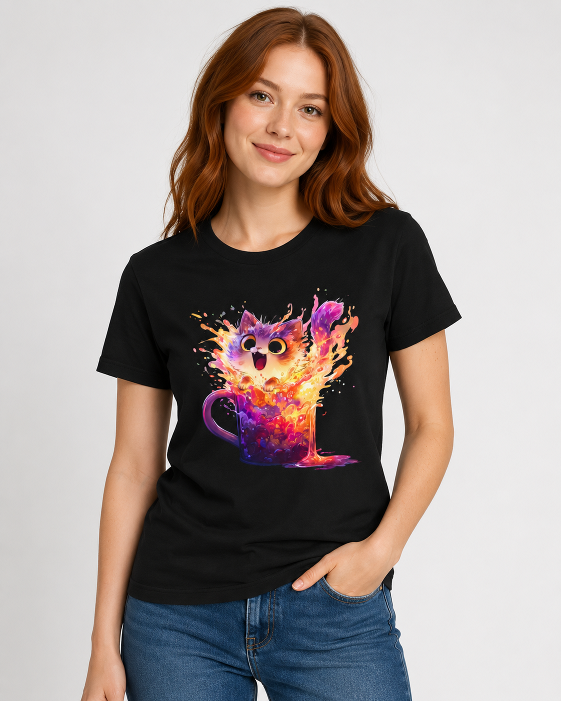 A woman wearing a black short-sleeve crewneck t-shirt with a colorful graphic of a cat bursting from a mug in a fiery splash design, paired with blue jeans, against a light gray studio background.