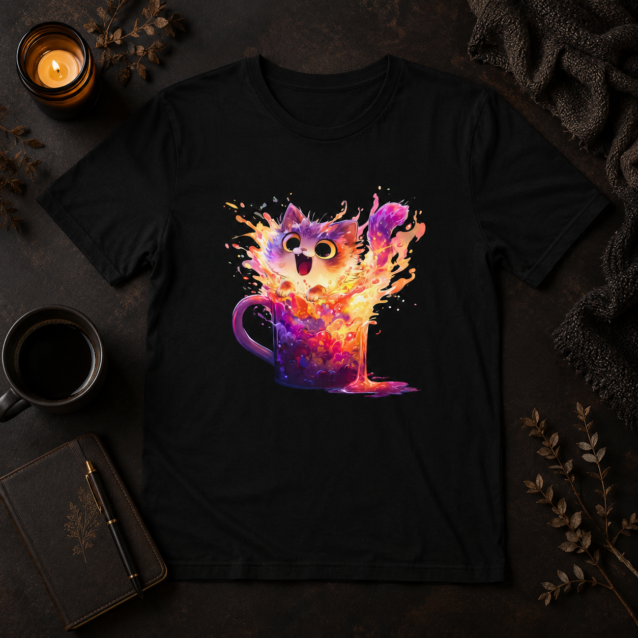 A black short-sleeve T-shirt featuring a colorful graphic of a cat-shaped mug bursting with orange, yellow, and purple paint-like splashes. The shirt is styled with a lit candle, a dark mug, a notebook, and dried leaves.