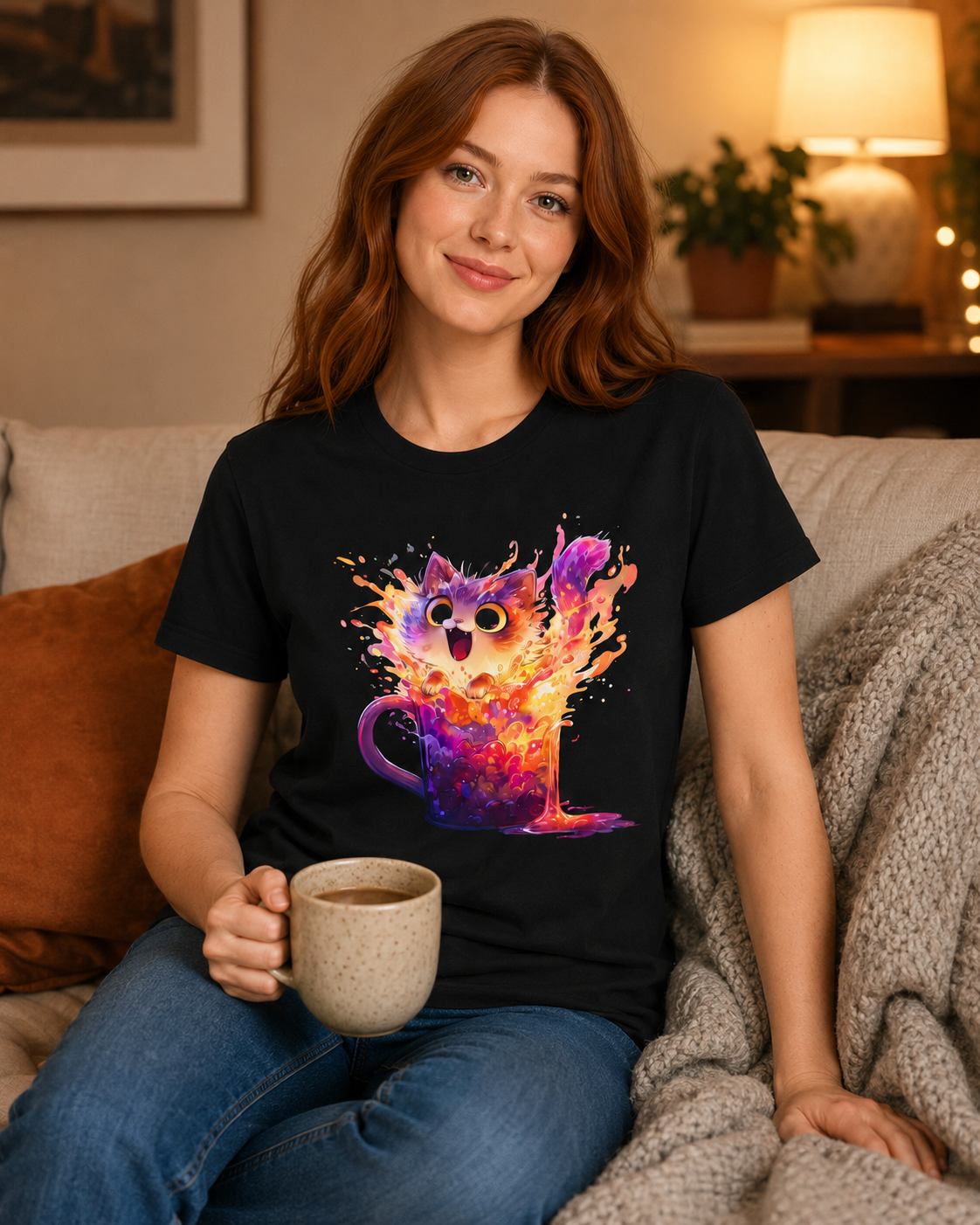 A woman sitting on a couch wearing a black t-shirt with a colorful graphic of a cat-shaped mug bursting with orange, yellow, and purple paint-like splashes.
