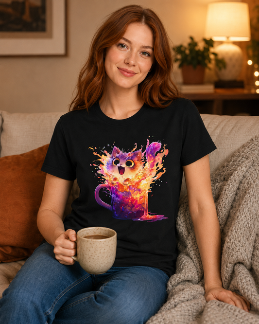 A woman sitting on a couch wearing a black t-shirt with a colorful graphic of a cat-shaped mug bursting with orange, yellow, and purple paint-like splashes.