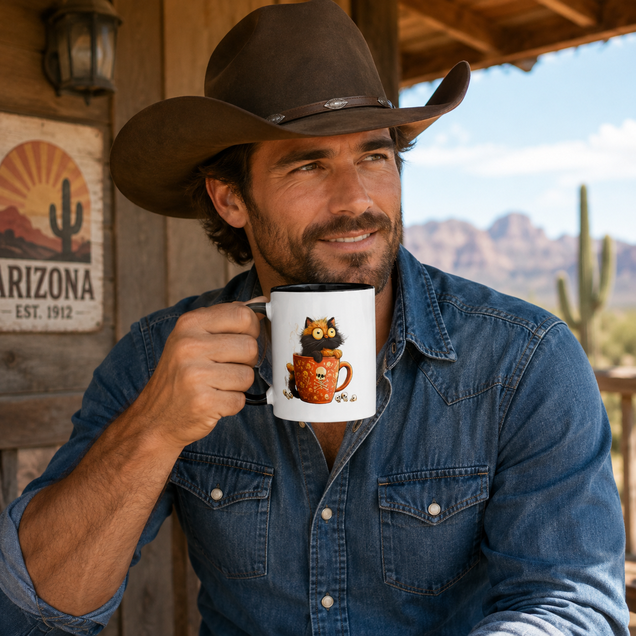 A man in a brown cowboy hat and denim shirt holds a white ceramic mug with a featuring a cartoon illustration of a calico cat with skulls somehow manages to be cute and edgy at the same time, set against a rustic wooden porch with desert mountains in the background.
Digitally created lifestyle mockup