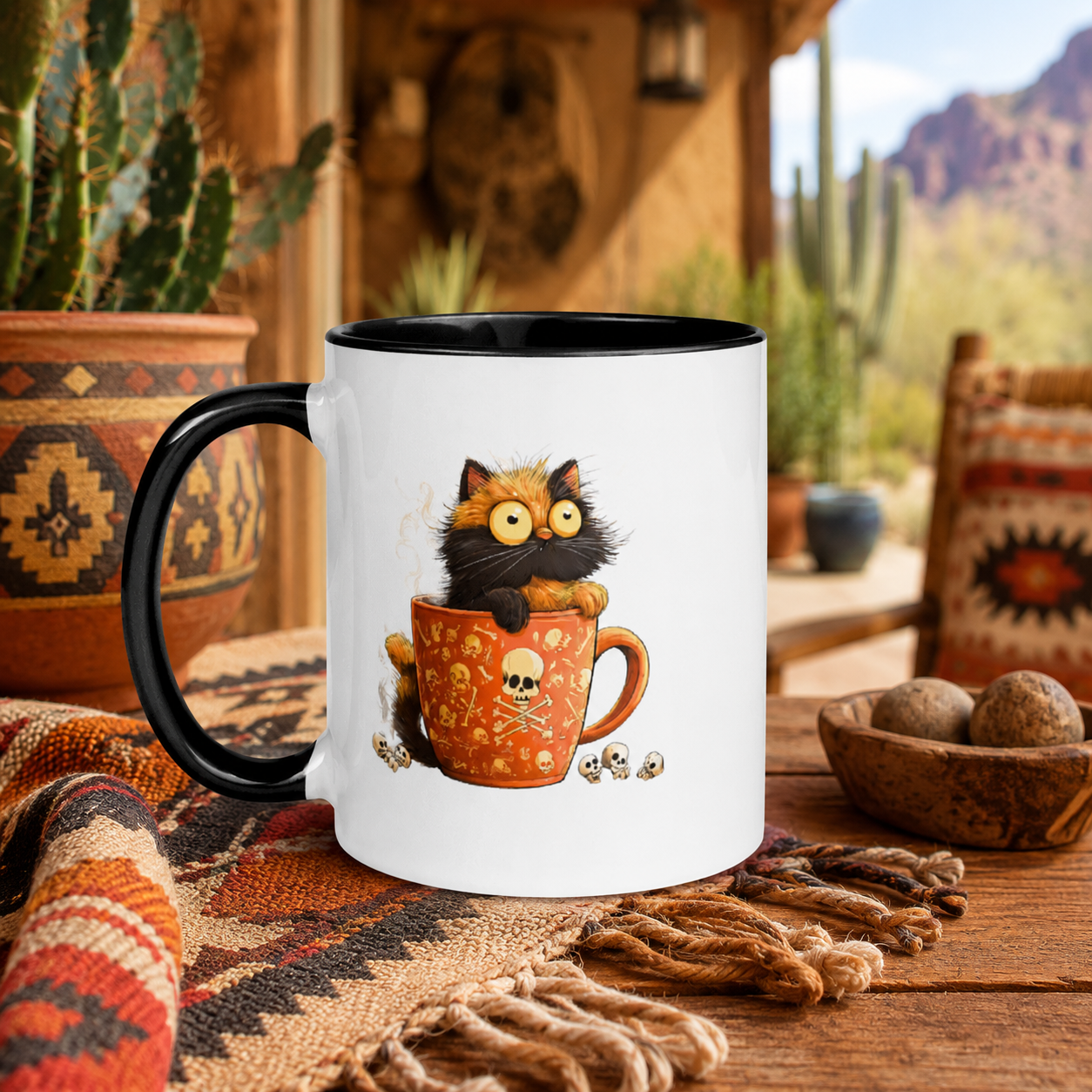 A white ceramic coffee mug with a black handle and interior, featuring a cartoon illustration of a calico cat with skulls somehow manages to be cute and edgy at the same time. The mug is set on a rustic wooden table with a woven blanket, a cactus in a pot, and desert mountains in the background.
Digitally created lifestyle mockup