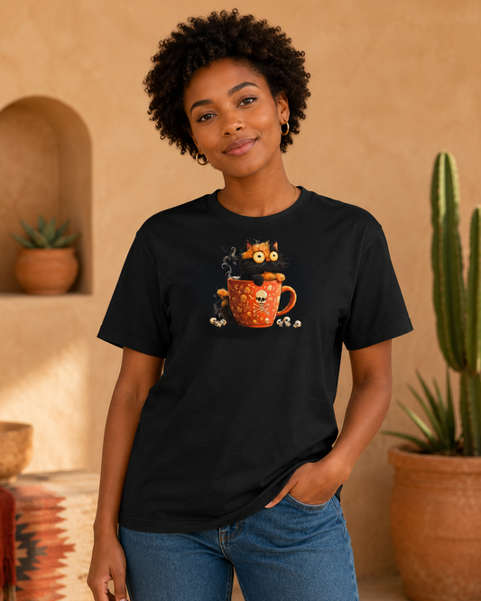 A woman with short curly dark hair wearing a black crewneck t-shirt with a graphic of a cat inside an orange mug, posed in front of a warm beige stucco wall with potted cacti.