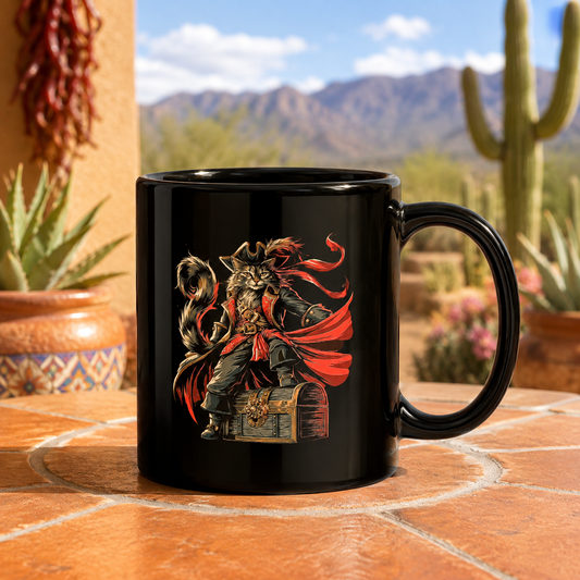 Black mug featuring a pirate cat design with a treasure chest outdoors
